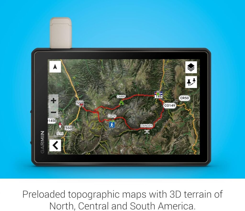 Garmin Tread Overland GPS displaying preloaded 3D topographic maps with detailed terrain and route lines for North, Central, and South America.