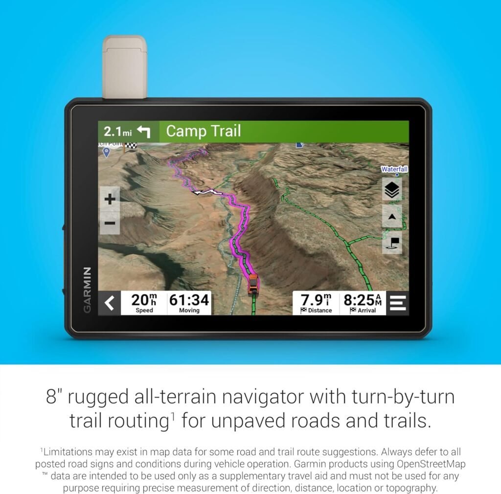 Garmin Tread Overland GPS displaying topographic off-road trail navigation with terrain and map data